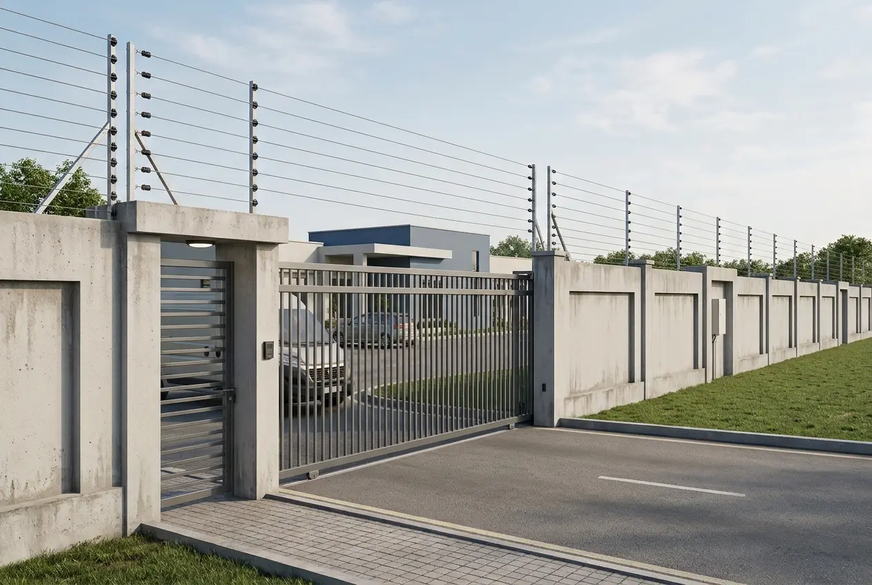 Commercial perimeter electric fencing with gates and daily operations planning