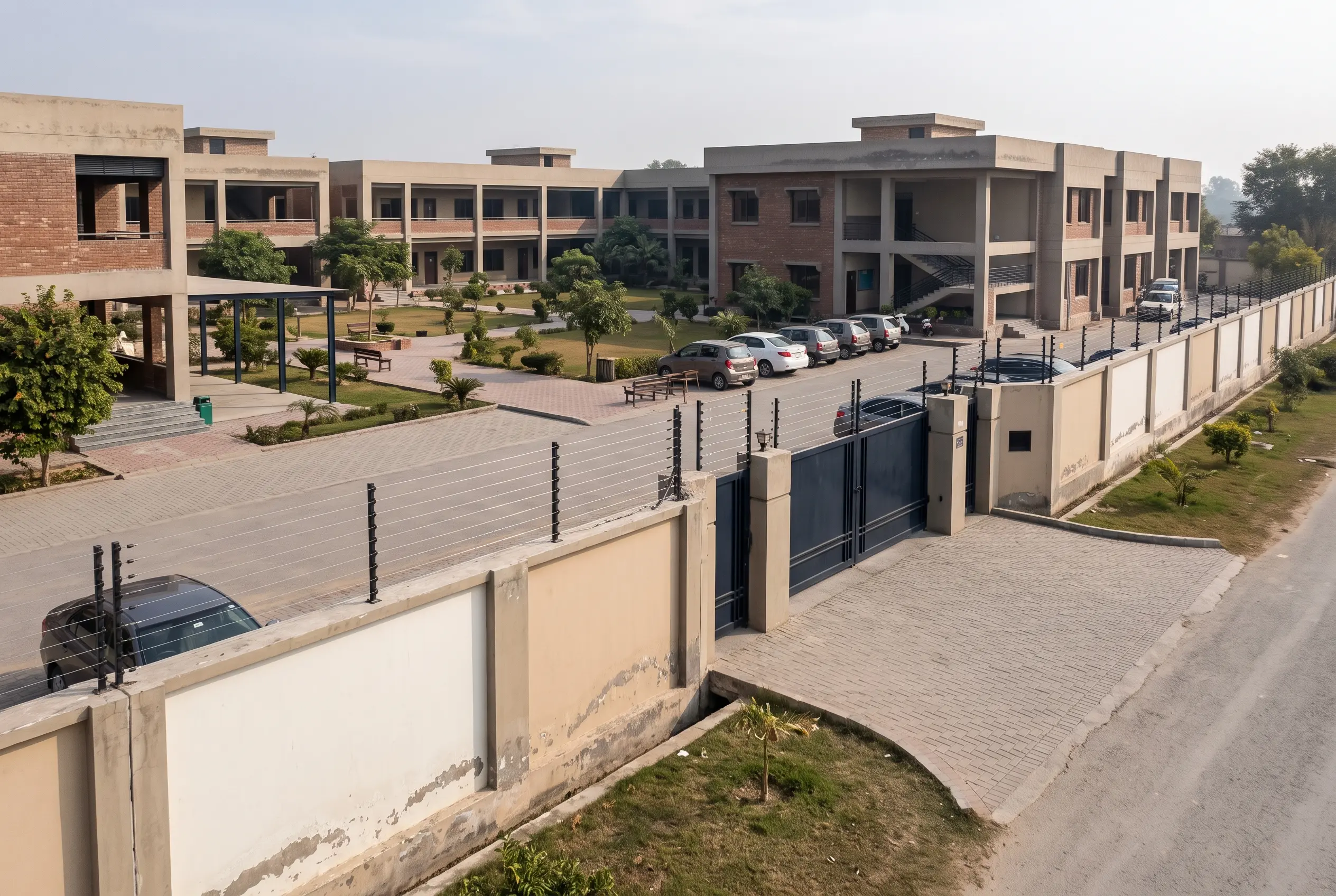 Private school electric fence perimeter with controlled access