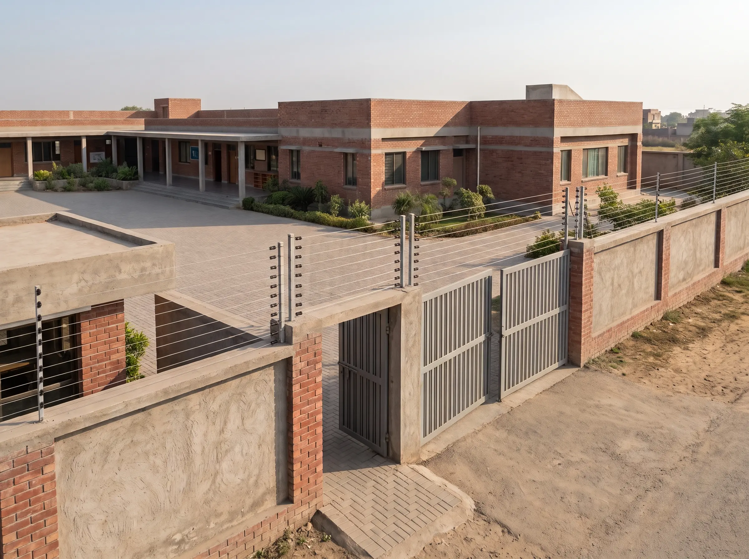 Electric fencing installed around a school property perimeter with warning signage