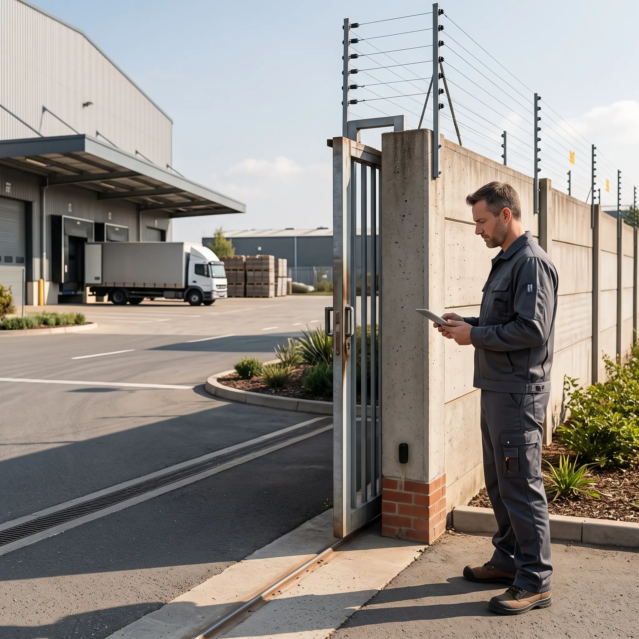 Electric fencing installed around a warehouse perimeter with warning signage