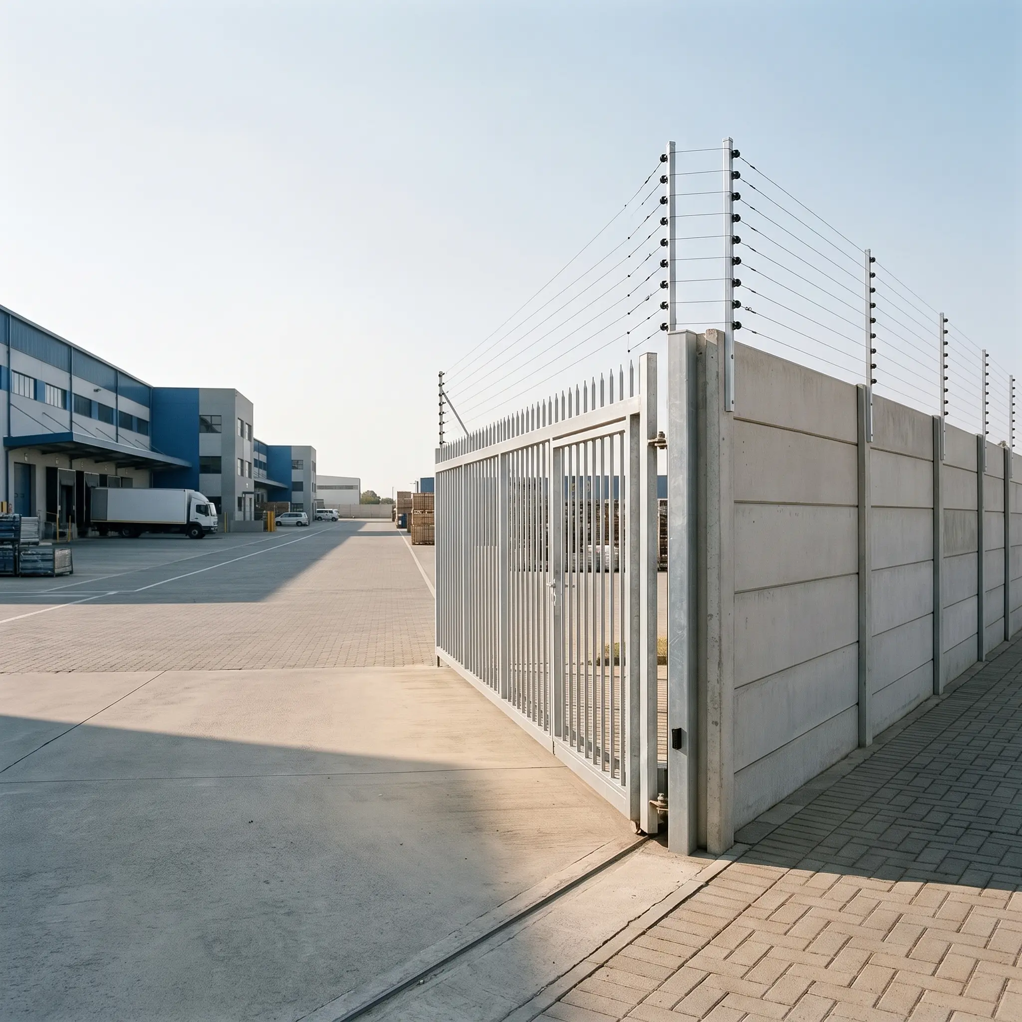 Existing warehouse boundary wall with electric fencing