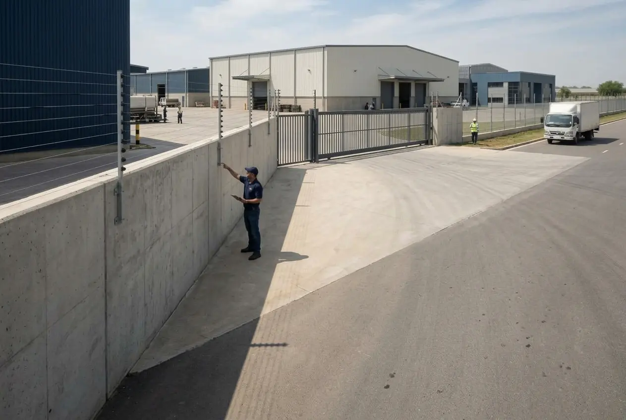 Electric fencing installed around an industrial property perimeter with warning signage
