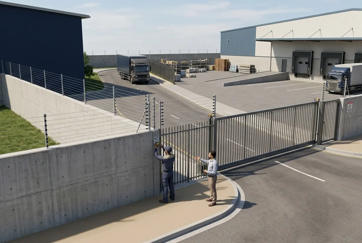 Industrial perimeter electric fencing with gates and daily operations planning