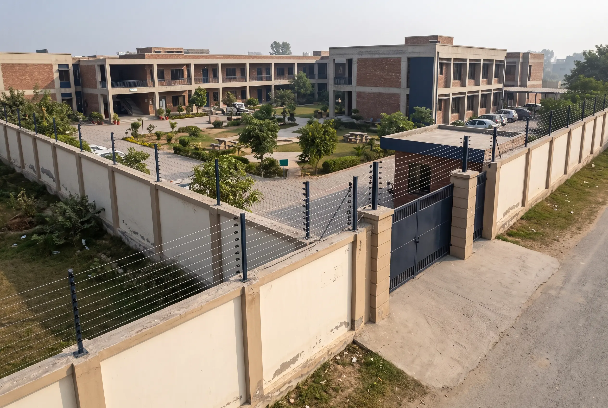 Multi-building school campus electric fence perimeter